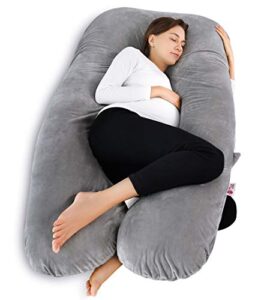 meiz pregnancy pillow, u shaped pregnancy body pillow with zipper removable cover (gray- velvet)