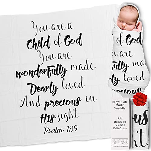 Ocean Drop 100% Cotton Muslin Swaddle Baby Blanket – ‘Child of God’ Quote with Gift Box for Baptism, Christening Gift, Godson, Goddaughter, Baby Shower – Super Soft, Breathable, Large 47 x47”