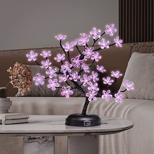 LIGHTSHARE 18-inch Crystal Flower LED Bonsai Tree, Pink Light, 36 LED Lights, Battery Powered or DC Adapter(Included), Built-in Timer