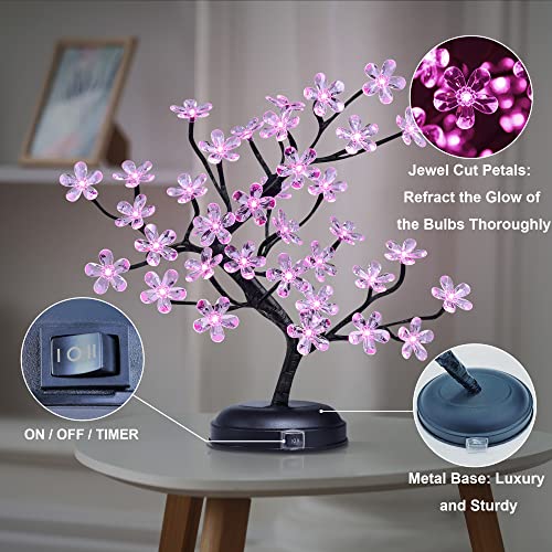 LIGHTSHARE 18-inch Crystal Flower LED Bonsai Tree, Pink Light, 36 LED Lights, Battery Powered or DC Adapter(Included), Built-in Timer