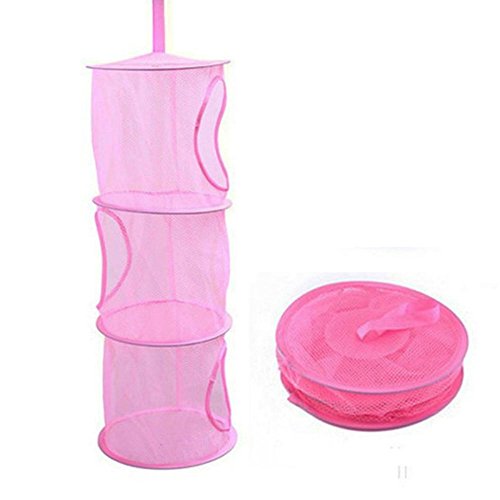 AKOAK Collapsible Mesh Hanging Storage with 3 Compartments,Toy Storage Basket for Kids Room Organization Mesh Hanging Bag,Pink