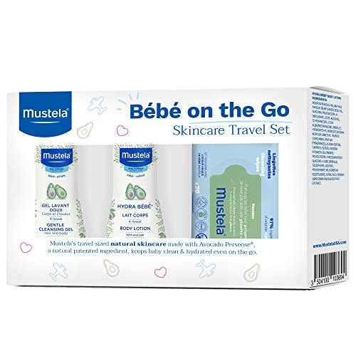 Mustela Bebe On-The-Go Travel Set - Baby Skin Care & Bath Time Gift Set - Natural & Plant-Based - 3 Items Set - Packaging may vary