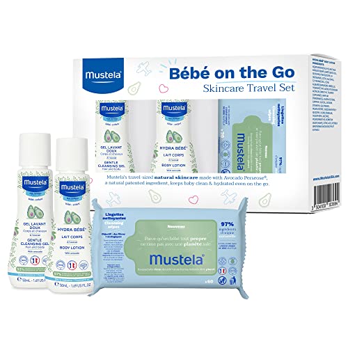 Mustela Bebe On-The-Go Travel Set - Baby Skin Care & Bath Time Gift Set - Natural & Plant-Based - 3 Items Set - Packaging may vary