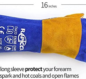 RAPICCA Welding Gloves Blue 16 Inches,932℉,Heat Resistant Leather Forge/Mig/Stick Welding Gloves Heat/Fire Resistant, Mitts for Oven/Grill/Fireplace/Furnace/Stove/Pot Holder/BBQ/Animal Handling