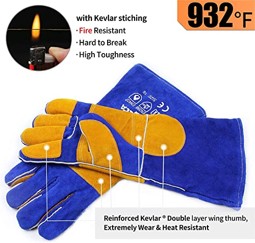 RAPICCA Welding Gloves Blue 16 Inches,932℉,Heat Resistant Leather Forge/Mig/Stick Welding Gloves Heat/Fire Resistant, Mitts for Oven/Grill/Fireplace/Furnace/Stove/Pot Holder/BBQ/Animal Handling