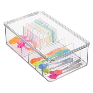 mdesign stackable plastic storage organizer container box for kitchen cabinets, pantry, countertops - holds kids, child/toddler mealtime sets, small accessories - 6 sections - bpa free - clear