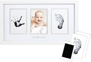 pearhead babyprints wall mount frame, handprint and footprint making kit with clean-touch ink pad, gender-neutral baby keepsake picture frame, white