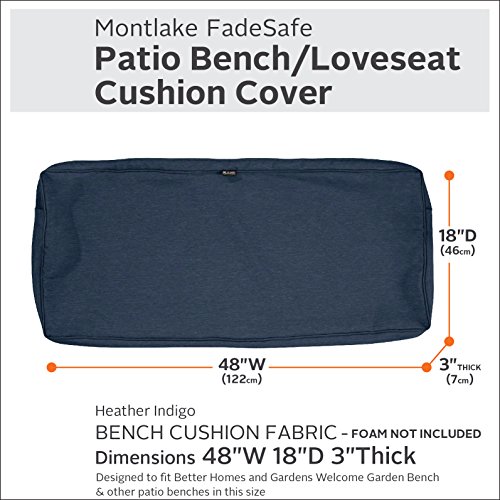 Classic Accessories Montlake FadeSafe Water-Resistant 48 x 18 x 3 Inch Outdoor Bench/Settee Cushion Slip Cover, Patio Furniture Swing Cushion Cover, Heather Indigo Blue, Patio Furniture Cushion Covers