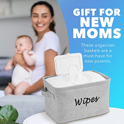 Dejaroo - Baskets for Organizing Wipes and Newborn Essentials, Diaper and Wipes Organizer, Embroidered Baby Shower Gifts for Moms, Linen Basket with Handle, 9 x 6 x 5.5 Inches, Grey