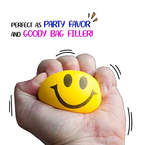 Be Happy! Neon Colored Smile Funny Face Stress Ball - Happy Smile Face Squishies Toys Stress Foam Balls for Soft Play - Bulk Pack of 12 Relaxable 2.5" Stress Relief Smile Squeeze Balls Fun Toys