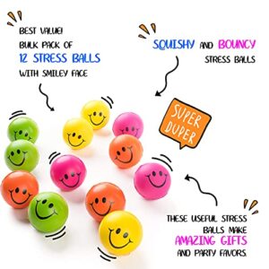 Be Happy! Neon Colored Smile Funny Face Stress Ball - Happy Smile Face Squishies Toys Stress Foam Balls for Soft Play - Bulk Pack of 12 Relaxable 2.5" Stress Relief Smile Squeeze Balls Fun Toys