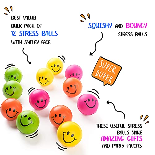 Be Happy! Neon Colored Smile Funny Face Stress Ball - Happy Smile Face Squishies Toys Stress Foam Balls for Soft Play - Bulk Pack of 12 Relaxable 2.5" Stress Relief Smile Squeeze Balls Fun Toys