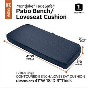 Classic Accessories Montlake FadeSafe Water-Resistant 41 x 18 x 3 Inch Outdoor Bench/Settee Contoured Back Cushion, Patio Furniture Swing Cushion, Heather Indigo Blue, Patio Loveseat Cushion