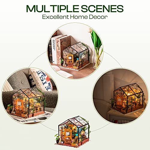 ROBOTIME DIY Dollhouse Wooden Miniature Furniture Kit Mini Green House with LED Best Birthday Gifts