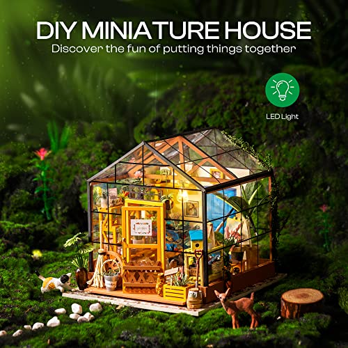 ROBOTIME DIY Dollhouse Wooden Miniature Furniture Kit Mini Green House with LED Best Birthday Gifts