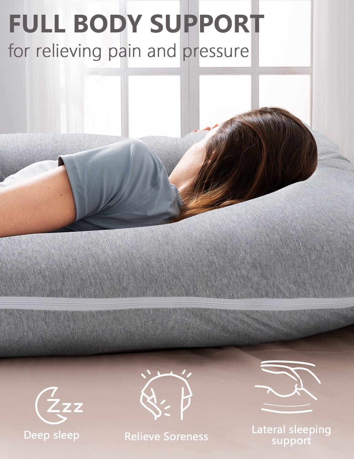 AngQi Pregnancy Pillows, U Shaped Pregnancy Body Pillow for Sleeping, 55 inch Maternity Pillow for Pregnant Women with Cooling Jersey Cover, Grey