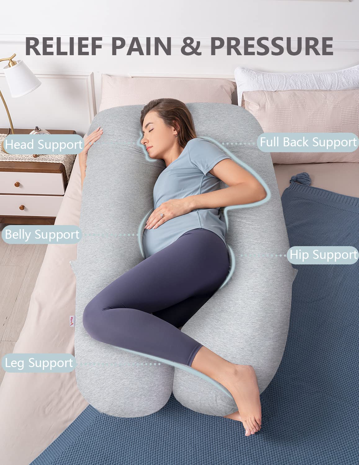 AngQi Pregnancy Pillows, U Shaped Pregnancy Body Pillow for Sleeping, 55 inch Maternity Pillow for Pregnant Women with Cooling Jersey Cover, Grey