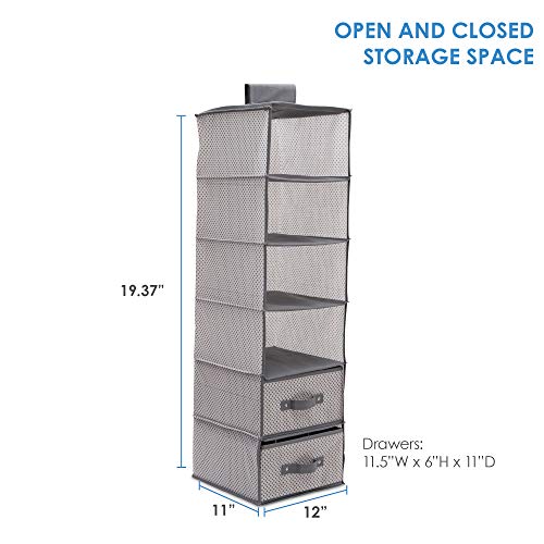 Delta Children 6 Shelf Hanging Wall Storage with 2 Drawers - Easy Storage/Organization Solution- Holds Sweaters, Shirts, Pants, Accessories & More - Movable Drawers Allow for Customization, Grey