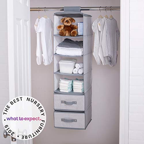 Delta Children 6 Shelf Hanging Wall Storage with 2 Drawers - Easy Storage/Organization Solution- Holds Sweaters, Shirts, Pants, Accessories & More - Movable Drawers Allow for Customization, Grey