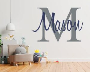 custom name & initial - premium series - baby boy - wall decal nursery for home bedroom children (m511) (wide 22" x 15" height)