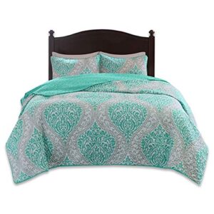 Comfort Spaces Coco 3 Piece Quilt Coverlet Bedspread Ultra Soft Printed Damask Pattern Hypoallergenic Bedding Set, Full/Queen, Teal - Grey