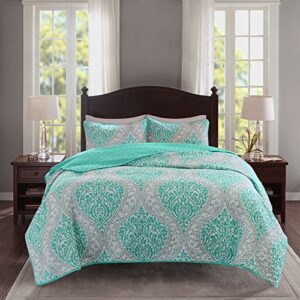 comfort spaces coco 3 piece quilt coverlet bedspread ultra soft printed damask pattern hypoallergenic bedding set, full/queen, teal - grey