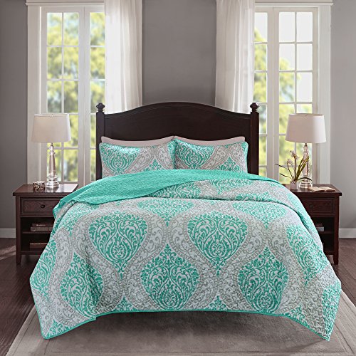 Comfort Spaces Coco 3 Piece Quilt Coverlet Bedspread Ultra Soft Printed Damask Pattern Hypoallergenic Bedding Set, Full/Queen, Teal - Grey