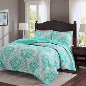 Comfort Spaces Coco 3 Piece Quilt Coverlet Bedspread Ultra Soft Printed Damask Pattern Hypoallergenic Bedding Set, Full/Queen, Teal - Grey