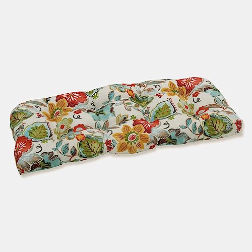 Pillow Perfect Bright Floral Outdoor Wicker Patio Sofa Setee Swing Cushion, Tufted, Weather, and Fade Resistant, Round Corner - 19" x 44", Ivory Alastriste, 1 Count