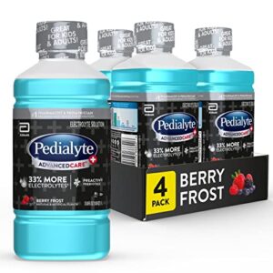 pedialyte advancedcare plus electrolyte drink, 1 liter, 4 count, with 33% more electrolytes & has preactiv prebiotics, berry frost, 33.8 fl oz (pack of 4)