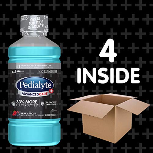 Pedialyte Advancedcare Plus Electrolyte Drink, 1 Liter, 4 Count, with 33% More electrolytes & Has Preactiv Prebiotics, Berry Frost, 33.8 Fl Oz (Pack of 4)