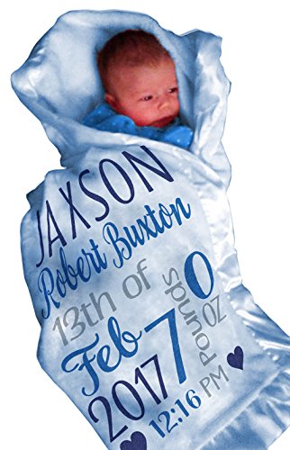 Kids-Pillowcases-By-Stockingfactory Personalized Baby Blankets for Boys (30x40, Blue Micro Plush Fleece Satin Edge Trim) Custom with Baby's Name for Newborn Baby Christening Baptism