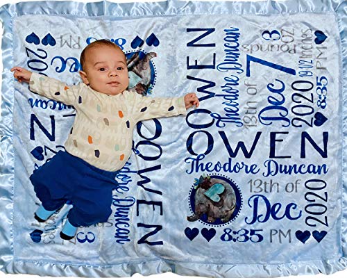 Kids-Pillowcases-By-Stockingfactory Personalized Baby Blankets for Boys (30x40, Blue Micro Plush Fleece Satin Edge Trim) Custom with Baby's Name for Newborn Baby Christening Baptism