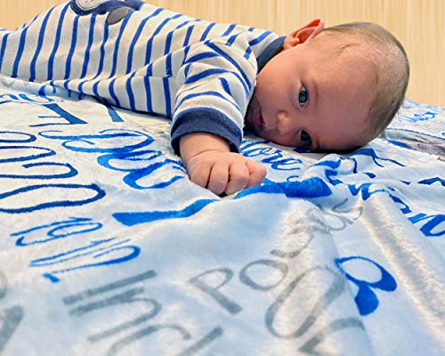 Kids-Pillowcases-By-Stockingfactory Personalized Baby Blankets for Boys (30x40, Blue Micro Plush Fleece Satin Edge Trim) Custom with Baby's Name for Newborn Baby Christening Baptism