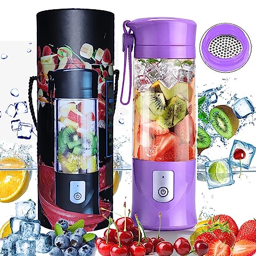 Portable Blender for Shakes and Smoothies USB Rechargeable Travel Juicer Cup Electric Mini Personal Size Blenders Frozen Fruit Ice Mixer Baby Food Mixing Machine with 6 Blades for Sports Travel and Outdoors 13.5oz (Purple)