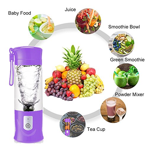 Portable Blender for Shakes and Smoothies USB Rechargeable Travel Juicer Cup Electric Mini Personal Size Blenders Frozen Fruit Ice Mixer Baby Food Mixing Machine with 6 Blades for Sports Travel and Outdoors 13.5oz (Purple)