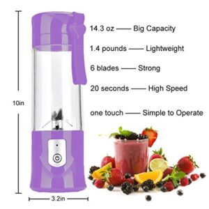 Portable Blender for Shakes and Smoothies USB Rechargeable Travel Juicer Cup Electric Mini Personal Size Blenders Frozen Fruit Ice Mixer Baby Food Mixing Machine with 6 Blades for Sports Travel and Outdoors 13.5oz (Purple)