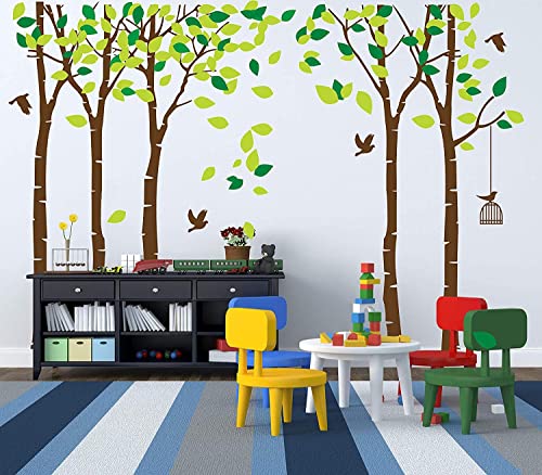 Large Five Family Trees with Birds and Birdcage Jungle Tree Wall Decal Removable Vinyl Sticker Mural Art Baby Girl Nursery Decor Baby Room Decor Kids Room Decor (103.9x70.9) (Brown)