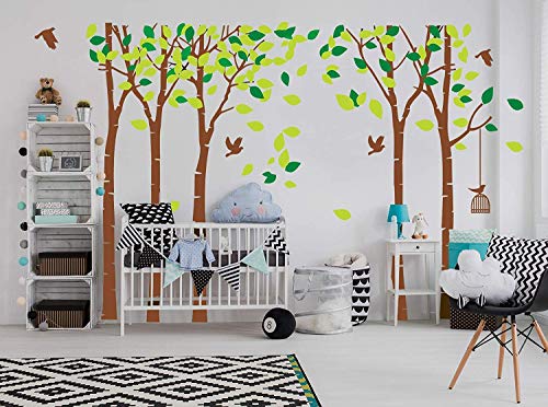 Large Five Family Trees with Birds and Birdcage Jungle Tree Wall Decal Removable Vinyl Sticker Mural Art Baby Girl Nursery Decor Baby Room Decor Kids Room Decor (103.9x70.9) (Brown)