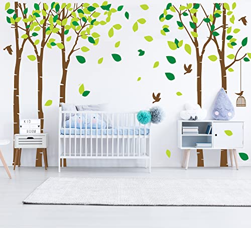 Large Five Family Trees with Birds and Birdcage Jungle Tree Wall Decal Removable Vinyl Sticker Mural Art Baby Girl Nursery Decor Baby Room Decor Kids Room Decor (103.9x70.9) (Brown)