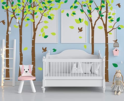 Large Five Family Trees with Birds and Birdcage Jungle Tree Wall Decal Removable Vinyl Sticker Mural Art Baby Girl Nursery Decor Baby Room Decor Kids Room Decor (103.9x70.9) (Brown)