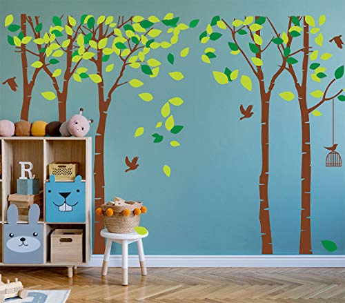 Large Five Family Trees with Birds and Birdcage Jungle Tree Wall Decal Removable Vinyl Sticker Mural Art Baby Girl Nursery Decor Baby Room Decor Kids Room Decor (103.9x70.9) (Brown)