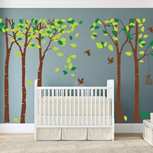 Large Five Family Trees with Birds and Birdcage Jungle Tree Wall Decal Removable Vinyl Sticker Mural Art Baby Girl Nursery Decor Baby Room Decor Kids Room Decor (103.9x70.9) (Brown)