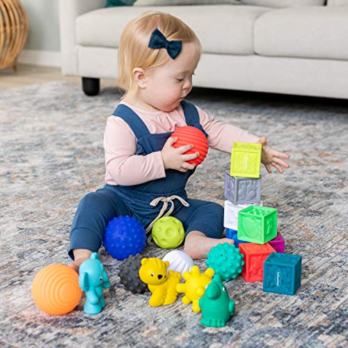 Infantino Sensory Balls, Blocks & Buddies - Textured, Soft & Colorful Toys Includes 8 Balls, 8 Numbered Blocks, 4 Animal Buddies, Ages 0 Months +, 20-Piece Set