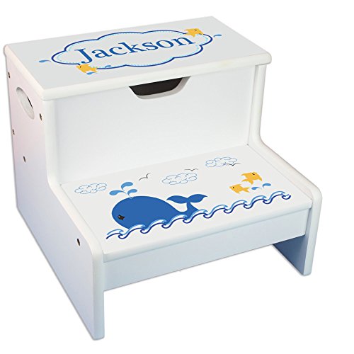 Personalized Blue Whale White Childrens Step Stool with Storage