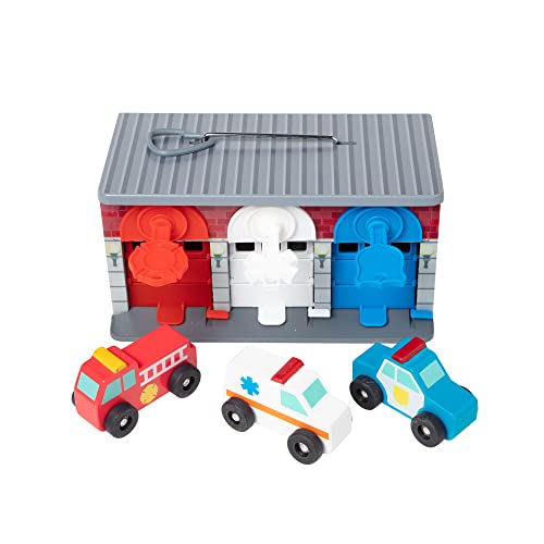 Melissa & Doug Toy Keys and Cars Wooden Rescue Vehicles and Garage (7 pcs) Red, for 36 months to 72 months