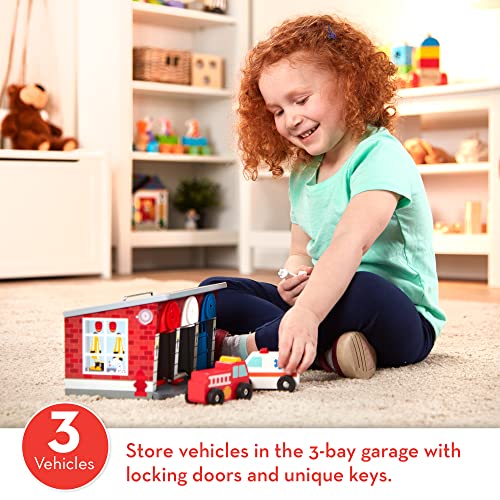 Melissa & Doug Toy Keys and Cars Wooden Rescue Vehicles and Garage (7 pcs) Red, for 36 months to 72 months