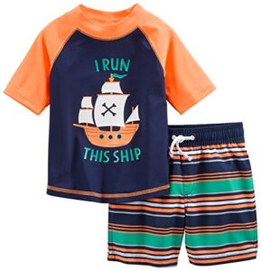 simple joys by carter's toddler boys' swimsuit trunk and rashguard set, orange/blue, ships, 3t