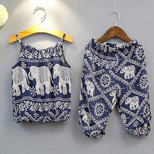 2Pcs/Set Kids Baby Girls Elephant Jumpsuit Romper, Straps Tops+Harem Pants Outfit (2-3 Years, Blue)