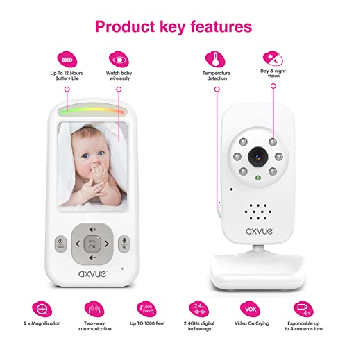 Video Baby Monitor, Slim Handheld, Non-Slip Design, 2.4" Vertical Screen Monitor & Digital Camera, Range up to 1000ft, 12 Hour Battery Life, 2-Way Talk, Night Vision, Temperature Monitor, No WiFi.